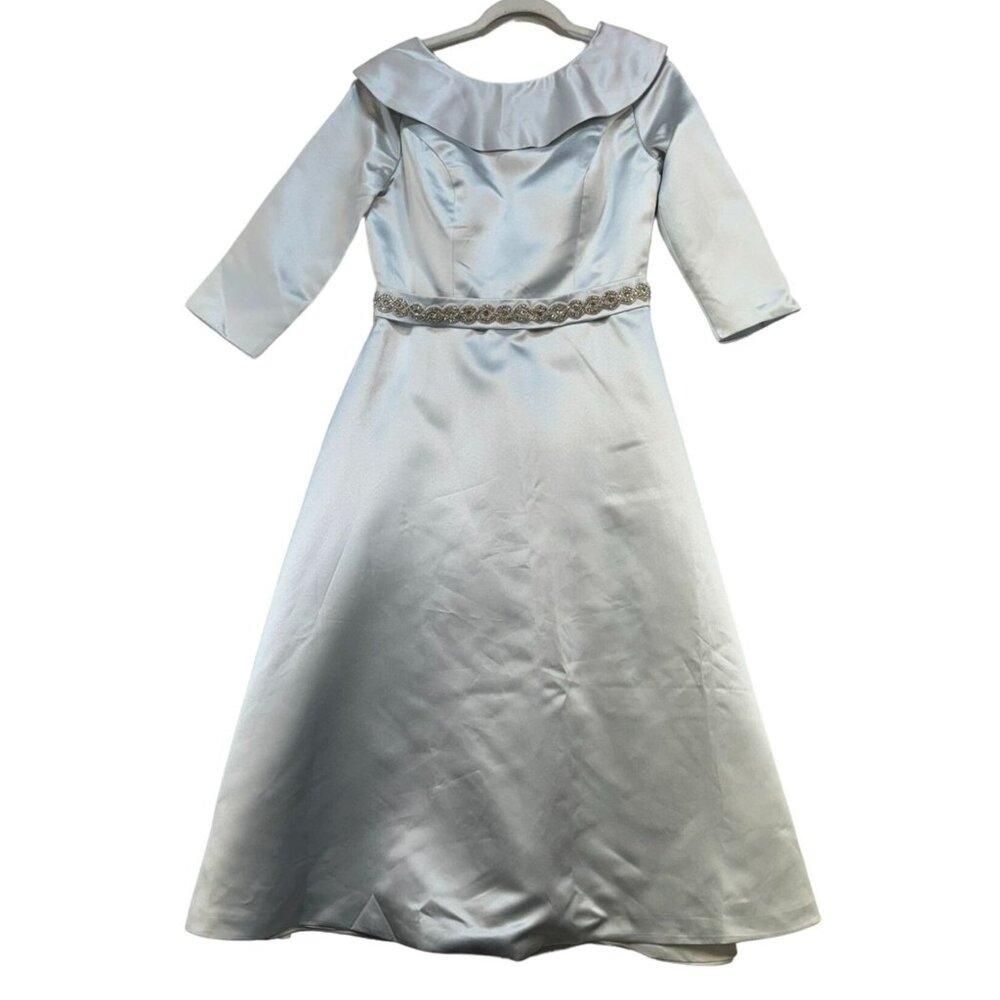 Vintage Satin A-Line Dress With 3/4 Sleeves & Embellished Waist Size 10 Silver